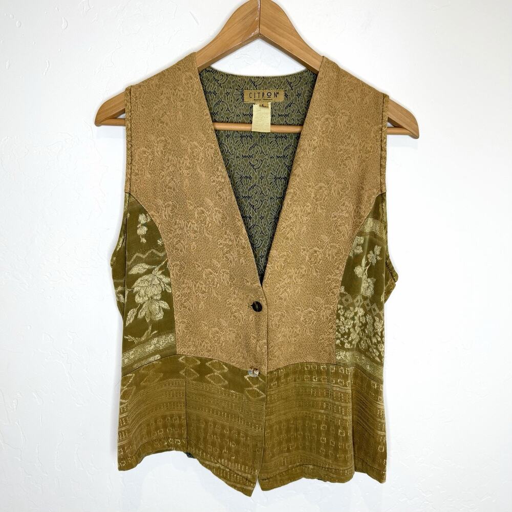 Citron Santa Monica Button Front Vest Womens Large Jacquard Tan Brown